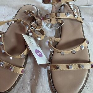 A New Day Tan Studded Gladiator Sandals Square Pyramid Stud Strappy Flat 6.5 NEW